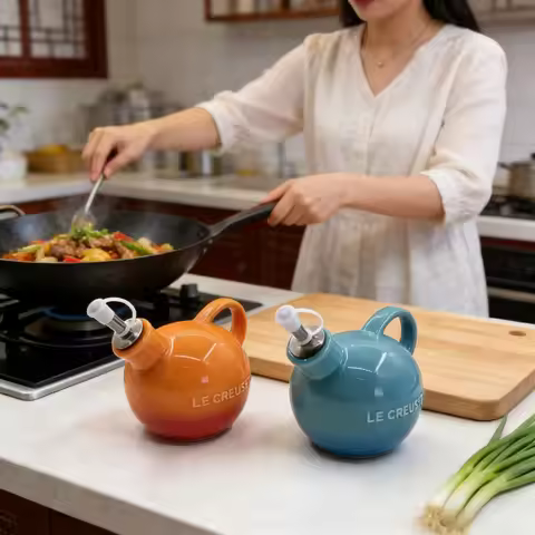 Le Creuset Ceramic Oil Dispenser 2-Pack, Gradient Orange & Teal, Food Safe Glaze, Drip-Free Spout fo