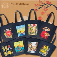 Black canvas tote bag - Black Hanoi pattern TOTE bag - Fashionable canvas bag for storage