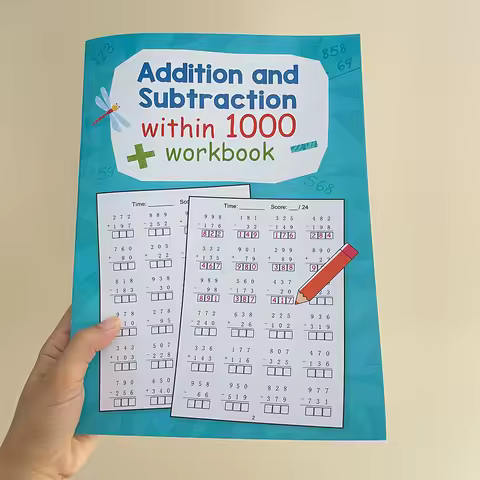 A 32-page math workbook on addition and subtraction within 1000, a math workbook activity worksheet