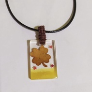 Handmade resin pendant 4 leaf clover with natural leaf necklace