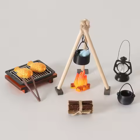 Miniature Baby House Outdoor Picnic Barbecue Wooden Frame Hanging Stove Bonfire Fish Grill Boiler Mo