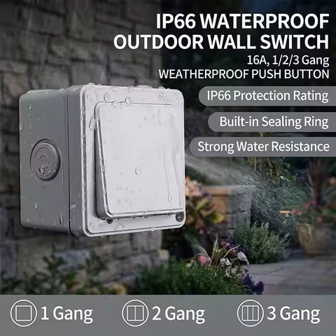 Switch IP66 Rated Outdoor Wall - Weatherproof Push Button, 1/2/3 Gang 16A for Home & Garden