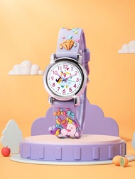 1入創意可愛紫色卡通獨角獸石英手錶裝飾配件,作為男女孩子的節日或生日派對禮物