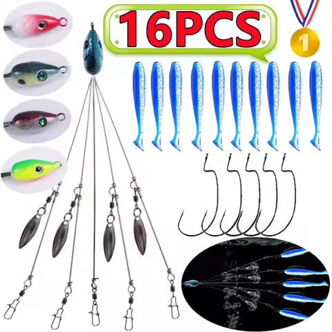 16PCS Alabama Rig Kit 5 Arms Alabama Umbrella Rig Bass Fishing Kit Fishing Lures Bait Rigs with Tail