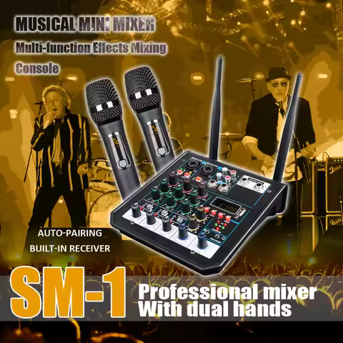 4 Channel Audio dj Mixer Console with Bluetooth Mixer UHF Wireless Microphone for Home Karaoke Stage