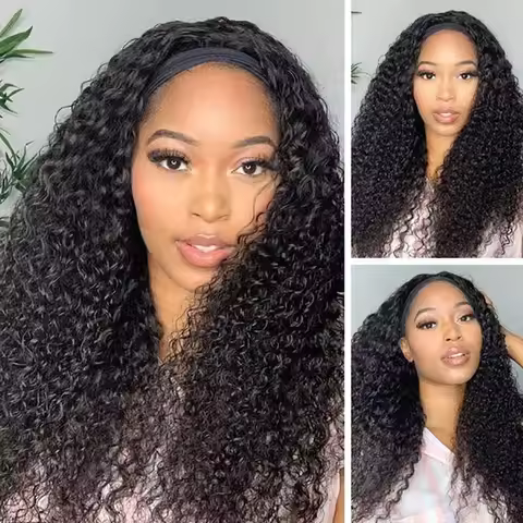 Kinky Curly Headband Human Hair Wig No Glue Brazilian Human Hair Wig Deep Curly Headband Wig for Wom