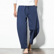 GISU MALL-Cotton and linen nine-point pants men's pants Thai style straight pants casual linen breathable wide-leg pants