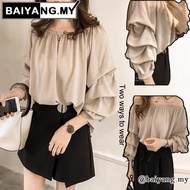 Plus Size M-4XL Chiffon Puff Long Sleeve Blouse Women Ruffle Korean Style Plain Casual Loose Round N