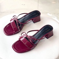 Dép Cao Gót Đế Vuông 3cm Màu Đen Nơ Buộc Rời Dép Nữ Tiểu Thư Guốc Cao Gót Guốc Nữ Big Size Merly 159