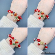 Fashion Red Crystal Beaded Bracelet Non-Tarnish Stainless Steel na may Cute Lucky Charms
