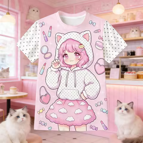 Kawaii Cat Ear Girl Print T-Shirt for Women Cute Cartoon Anime Graphic Tee Polka Dot Sleeve Casual T