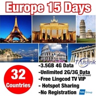 [Truslink Travel Sim Card] Europe Sim Card(TDC Group), Europe 32 Countries 15 Days 3.5GB High Speed 4G Data, Unlimited L