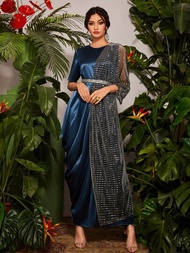 SHEIN Mulvari 拼接水鑽拼接網紗後綁帶印度民族風洋裝