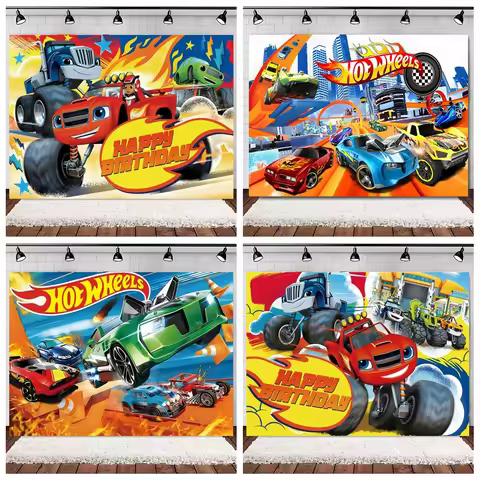 B-Blaze Monster Birthday Party Backdrop Hot Wheelsed Red Flame Tire Track Crusher Custom Photo Booth