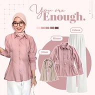 One Set 3-in-1 Trendy Coffee Outfit [Pants + Blouse + Hijab] Suit Wanita - AS281N