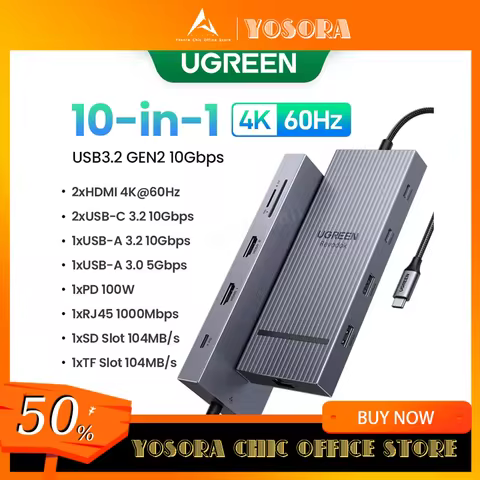 UGREEN 10-in-1 USB HUB Type-C to 2HDMI 10Gbps SD/TF 4K120Hz DP USB3.2 RJ45 PD100W Accessories Dockin