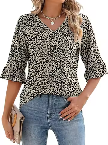 Latest Plus Size Women Leopard Print Blouse V Neck Half Ruffle Sleeve Casual Loose Pullover Shirts E