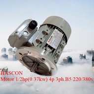 มอเตอร์หน้าแปลน1/2แรง 3สาย มอเตอร์ไฟฟ้า แบบหุ้มมิดมาตรฐานสูงIP55 B5 Motor 1/2hp(0.37kw) 4p 3ph.220/380v HASCON