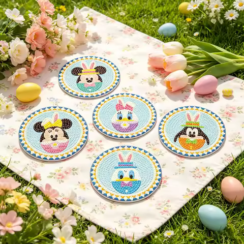 Mickey Minnie Donald Duck DIY 5D Rhinestone Studded Coaster Non-Slip Cup Mat with Holder, Animal Orn