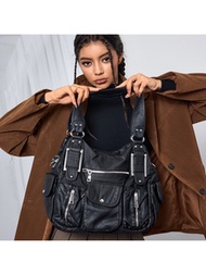 Spacious Women's Vintage Faux Leather Tote Bag - Chic Y2K-Inspired Multi-Pocket Crossbody With Detac