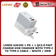 LDNIO A2620C 1 PD + 1 QC3.0 FAST CHARGE 65W CHARGER WITH TYPE-C TO TYPE-C CABLE – WHITE / 3MW