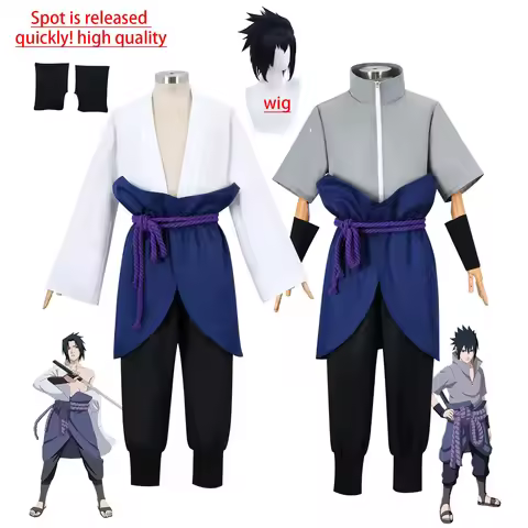 Uchiha Sasuke Cosplay Costume Set - Anime Hokage Shippuden Third Generation Gray Top Suit Wig for Ha