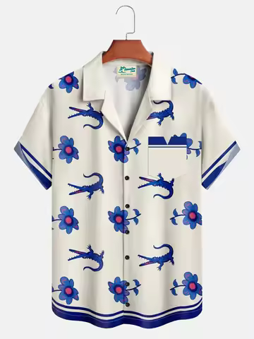 Mens Floral Crocodile Shirt Summer Hawaiian Shirt Short Sleeve Lapel Shirt Fashion Street Outdoor St