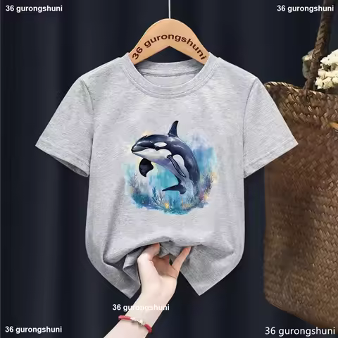 New Kids Tshirt Funny Killer Whale Graphic Dolphin Printed Boys Tshirt Fashion Trendy Boys/Girls Blu