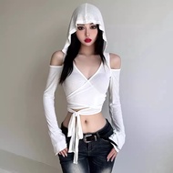 Long-sleeved Blouse with Hood PINKSTORE29 Personalized Waist Tie A5935