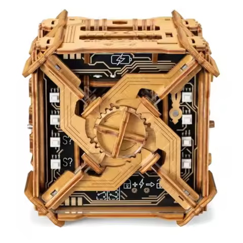 Escape room game in a box: 3D wooden puzzle box for adults, natural wood color, electronic brain tea