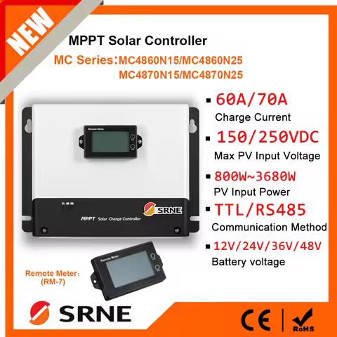 SRNE 60A-70A PV MAX Input 250VDC MPPT Solar Controller PV Regulator Auto Match 12V 24V 36V 48V For L