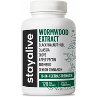 STAY ALIVE Wormwood Black Walnut Clove Cleanse Extract, Kompleks Kekuatan Tambahan 11-dalam-1, 120 P