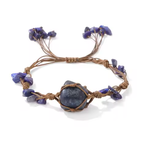 Boho Tumbled Sodalite Bracelet for Women Men Adjustable Handmade Woven Mesh Raw Chip Stone Beads Ban