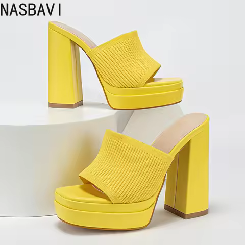 NASBAVI Cosy Stretch Fabric Knitted Chunky High Heels Women Slipper Fashion Platform Open Toe Weddin