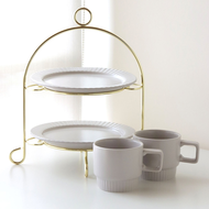 Just Home條紋色釉陶瓷午茶5件組-雙層蛋糕盤組附架+咖啡杯