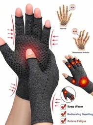 1對中性風格的關節炎手套灰色無指手套,彈性編織保暖手套適用於男女