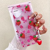 Cute Pink Strawberry Element Glitter Epoxy Heart Element Strawberry Painted Transparent Painted Pend