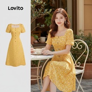(trendy2)Lovito Boho Dress Button Pleated Spring/summer Yellow Dress for Women L137ED633 Lovito Gaun