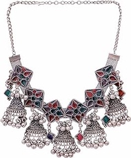 Indian Antique Afghani Silver Oxidized Black Polish Ghungroo Bells Boho Gypsy Enamel Meenakari Choker Chain Necklace Jewelry Women Girls, 19 cm, Metal, No Gemstone
