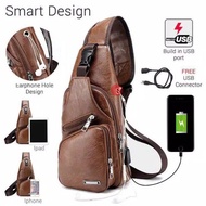 Sling Bag Men's Leather Sling Bag + USB Port + Earphone Hole Gojek bike