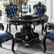 22European-Style Dining Tables and Chairs Set Wood Carved round Marble Dining Table High-End Ebony Color Dining Table Se