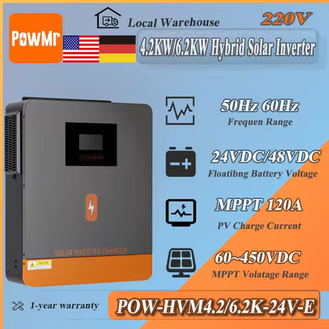 PowMr 4.2KW 6.2KW Hybrid Solar Inverter 24V 48V to 220Vac MPPT 120A Charge Controller 450V Max PV Vo