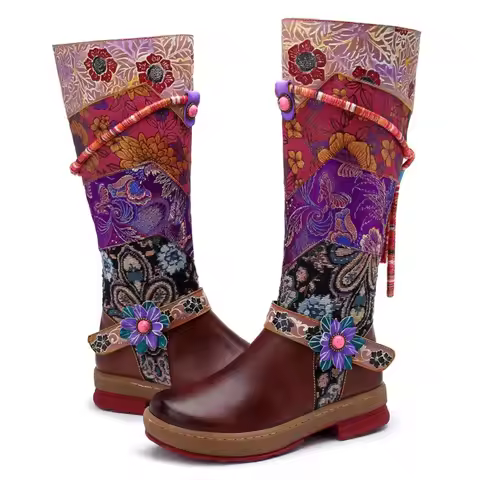 Round Head Comfortable Leisure Retro Embroidered High Insulated Boots Knee - Length Flat Boots For W