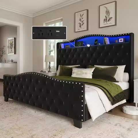 King Size Bed Frame and Headboard,with LED Lights & Storage/Charging Station, 50.9" Velvet Upholster