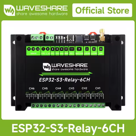 Waveshare Industrial 6-Channel ESP32-S3 WiFi Relay Module, Supports WiFi / Bluetooth / RS485 control