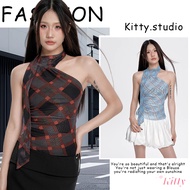 Kitty Sleeveless Crop Top Tight Fit Plaid Pattern Women's Travel Outfit High Neck Detail Off Shoulde