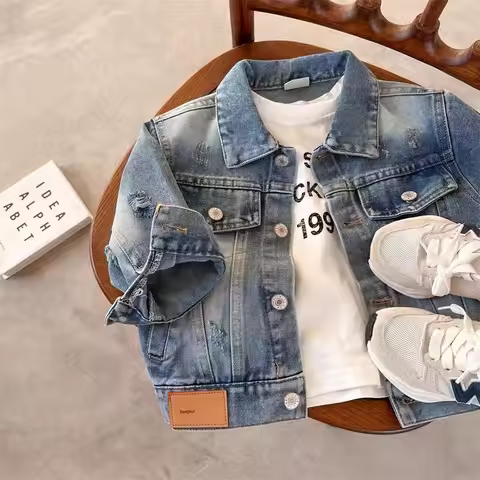 Children's Clothing Denim Jacket 2025 Autumn New Item for Boys and Girls Solid Color Ripped Denim Ja