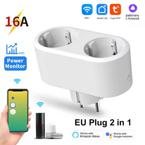 Tuya WiFi Dual Outlet 16A APP Smart Plug 2 in 1 Socket EU with Energy Metering Timer Function Works 