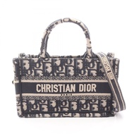 【二手】Dior Book Tote Mini 兩用手提包，米色/海軍藍帆布斜紋圖案，女士，二手 A