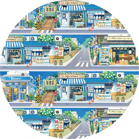 Etori Life 60mm*2m Japanese-style small town roaming themed tape, featuring a repeating tram, food s